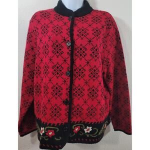 VTG JM Collection Black Red Embroidered Floral Button Up Sweater Large Soft